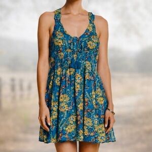 Free People Washed Ashore Mini Dress Blue Floral Crinkled Boho Halter Womens XS